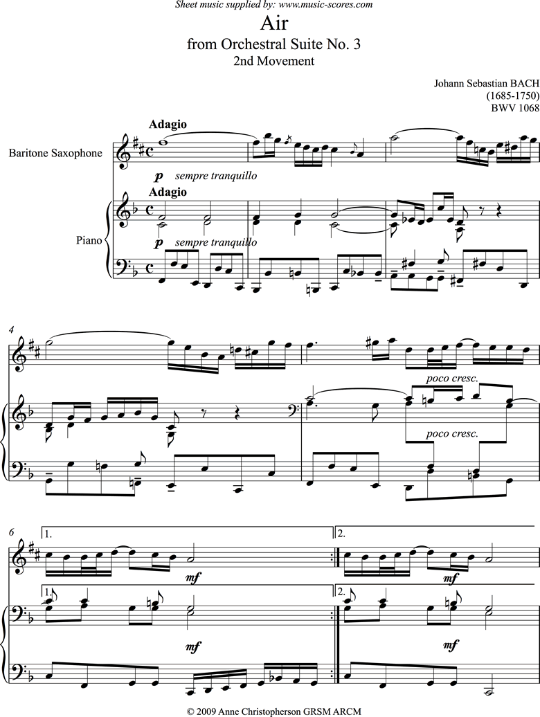 Front page of bwv 1068: Air on G:Baritone Saxophone and Piano. sheet music