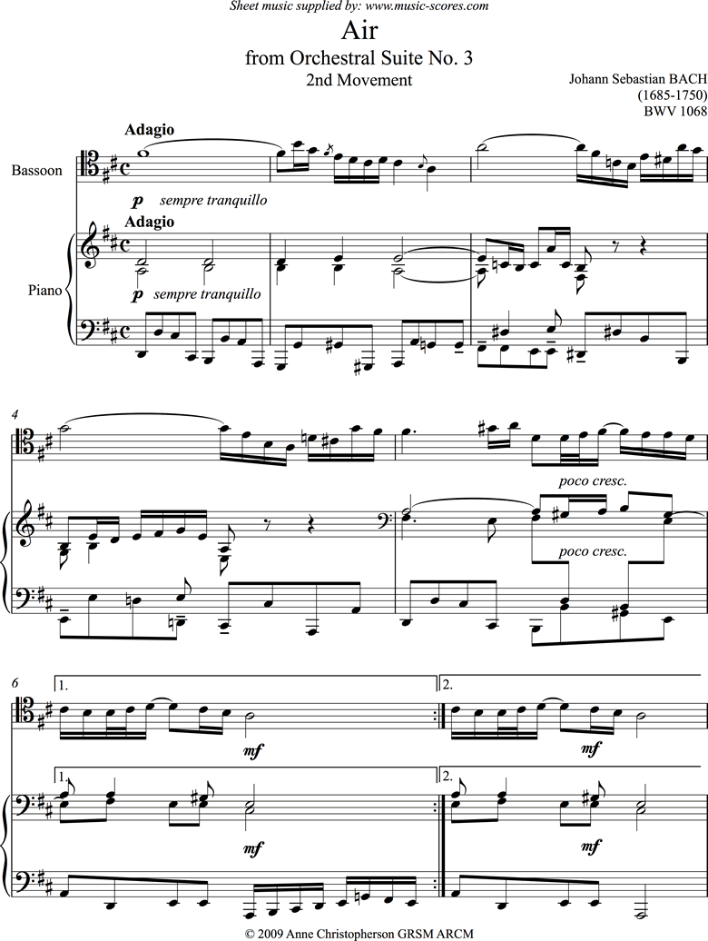 bwv 1068: Air on G:Bassoon and Piano. by Bach