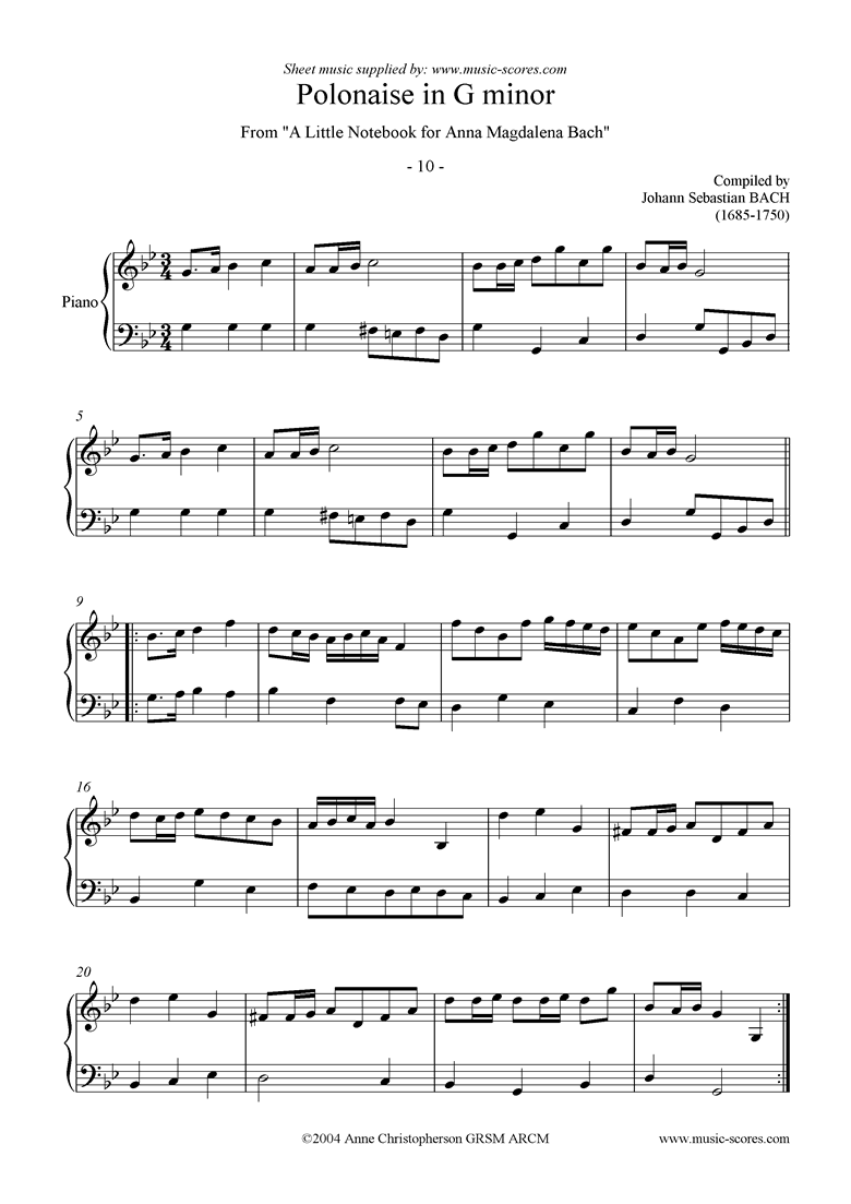 Front page of Anna Magdalena: No. 10: Polonaise in G minor sheet music