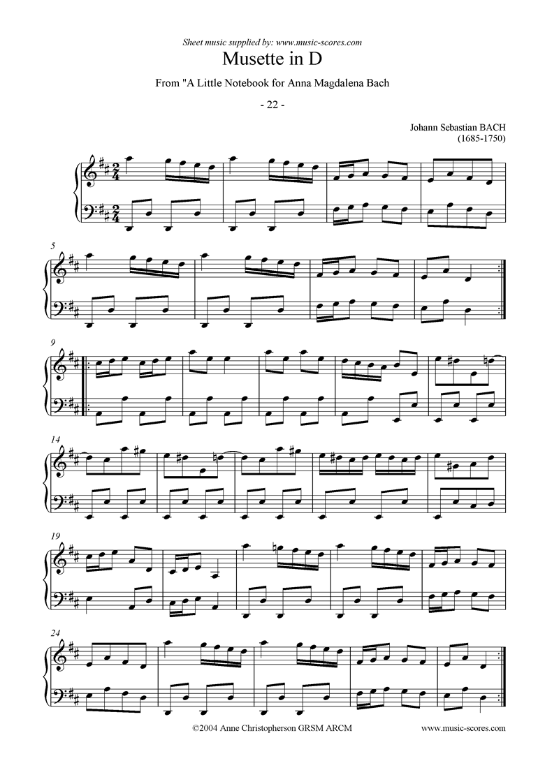 Front page of Anna Magdalena: No. 22: Musette in D sheet music