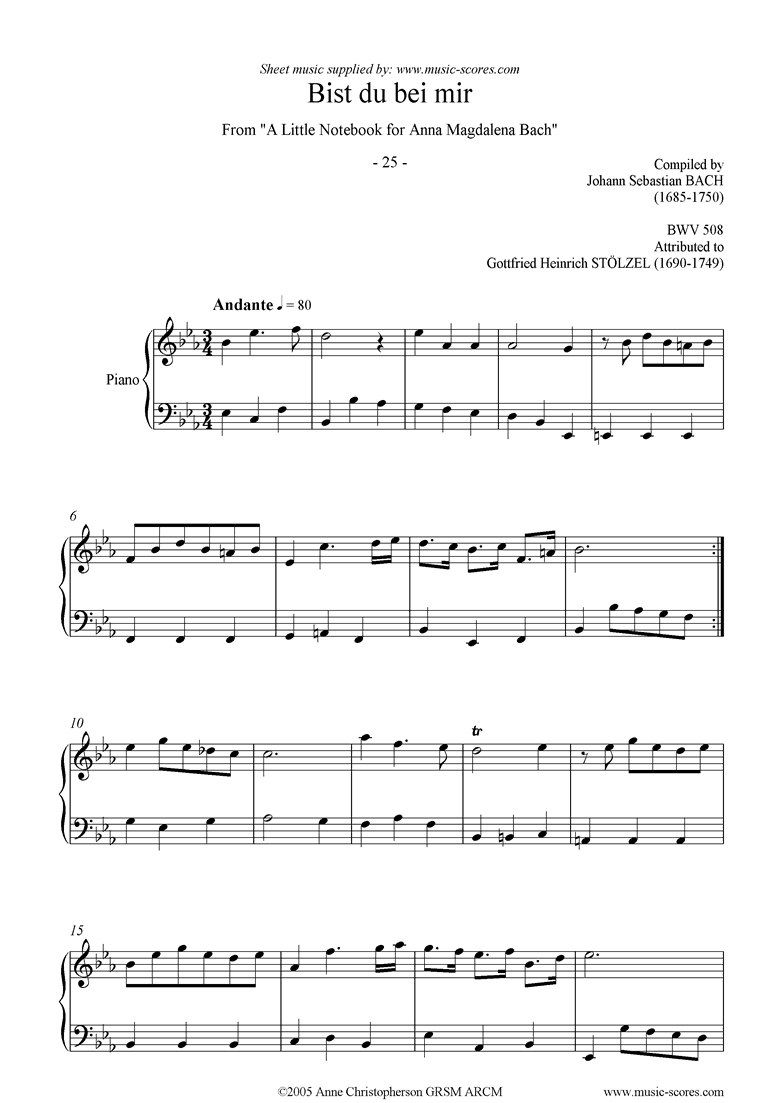 Front page of Anna Magdalena: No. 25: Bist du bei mir: piano sheet music
