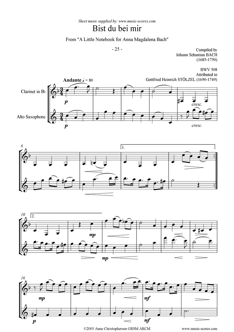 Anna Magdalena: No. 25: Bist du bei mir: wind duo by Bach