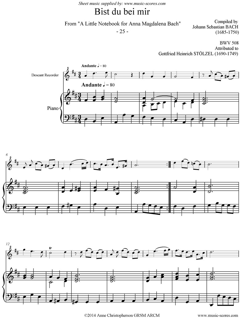 Anna Magdalena: No. 25: Bist du bei mir: Descant Recorder, Piano by Bach