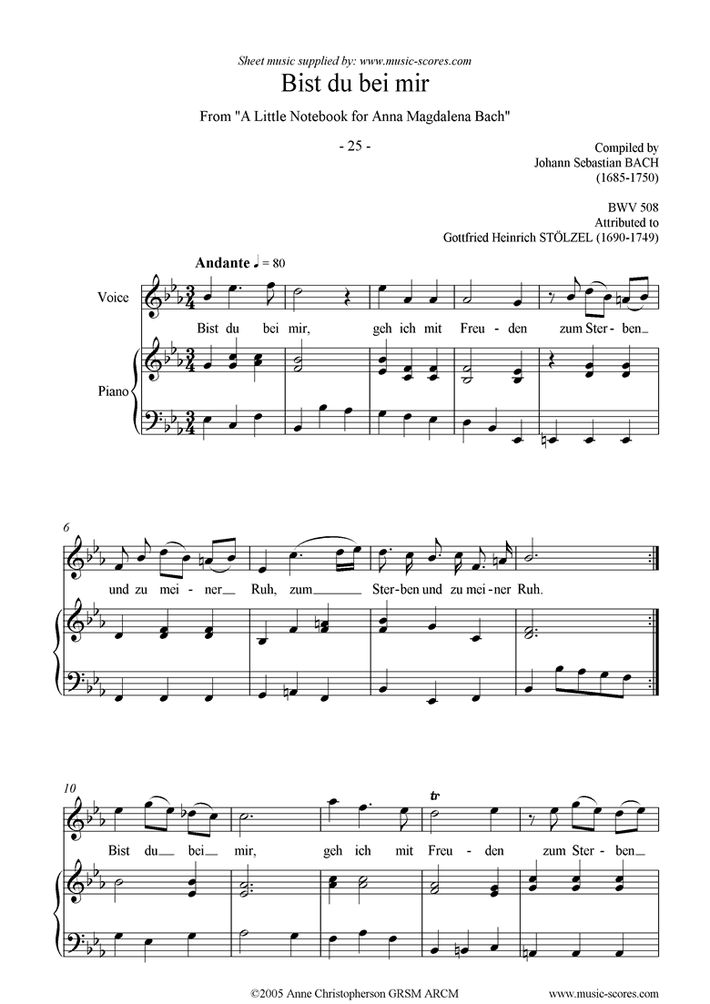 Front page of Anna Magdalena: No. 25: Bist du bei mir: voice sheet music