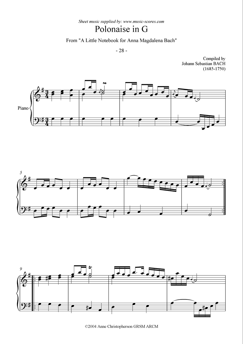 Front page of Anna Magdalena: No. 28: Polonaise in G sheet music