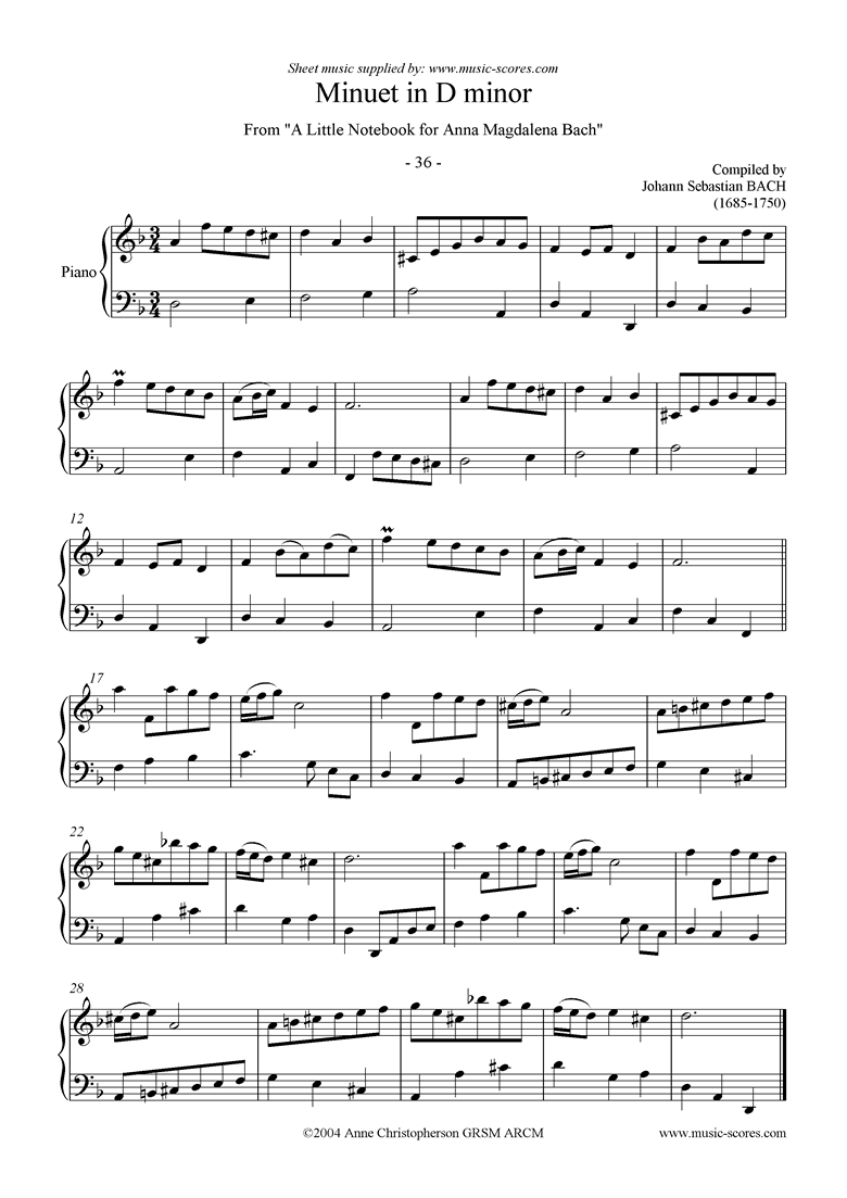 Bach. Anna Magdalena No. 36 Minuet in D minor classical sheet music