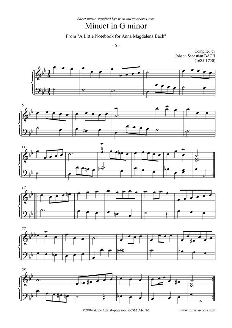 Bach. Anna Magdalena No. 05 Minuet in G minor classical sheet music