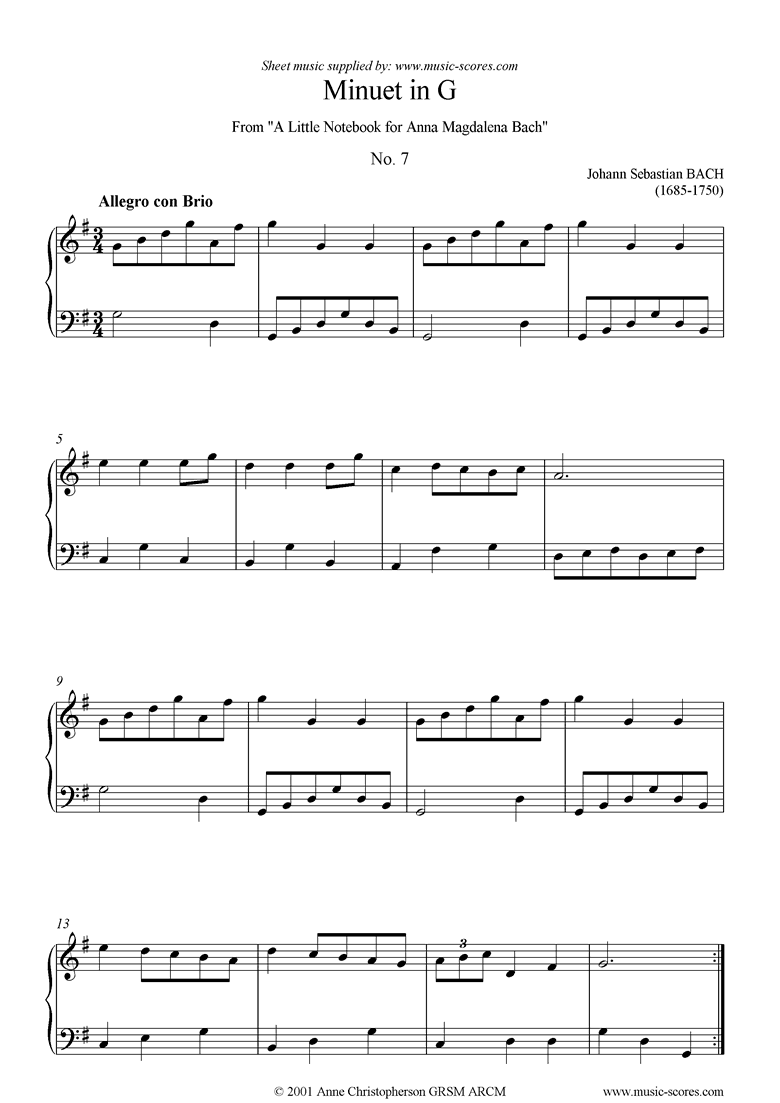 Front page of Anna Magdalena: No. 07: Minuet in G sheet music