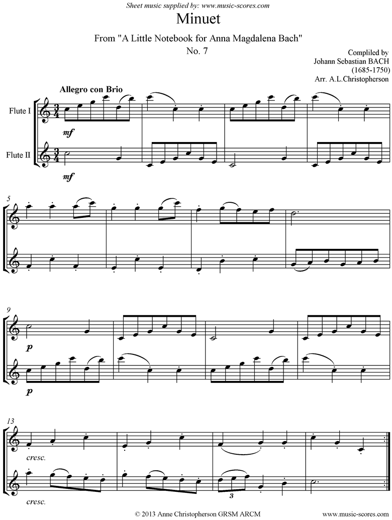 Front page of Anna Magdalena: No. 07: Minuet: 2 Flutes sheet music