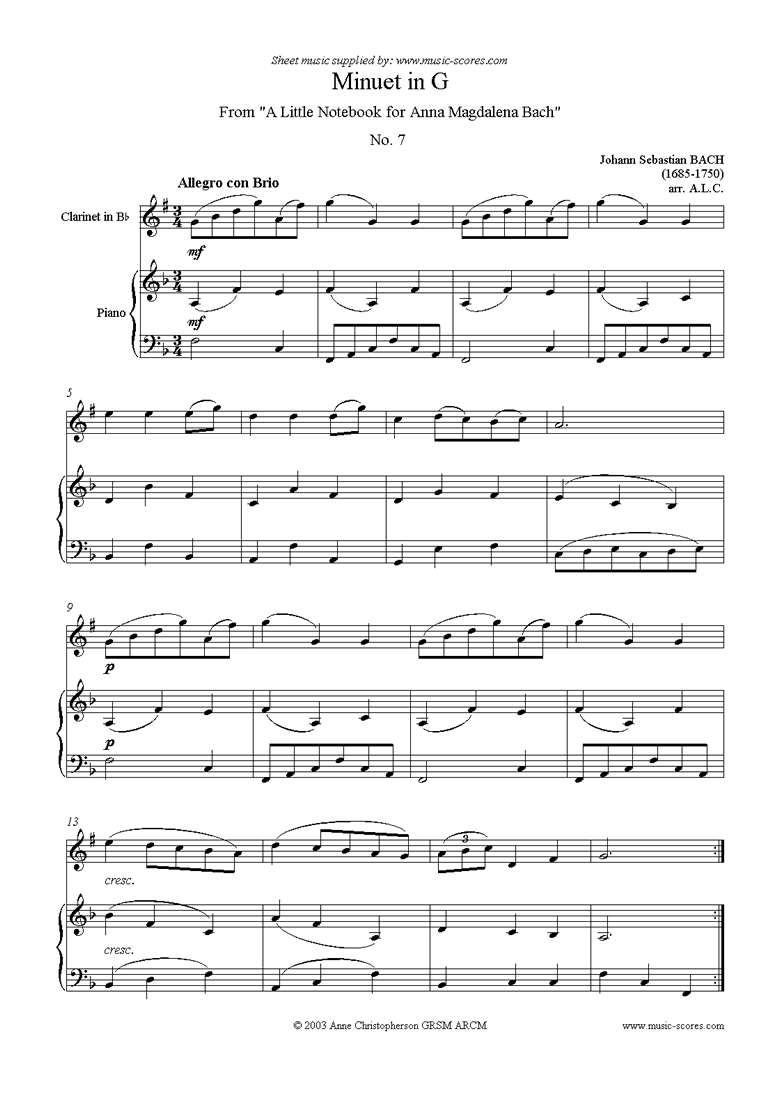 Front page of Anna Magdalena: No. 07: Minuet: Clarinet sheet music