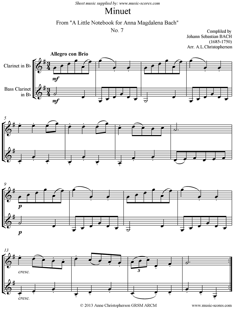 Front page of Anna Magdalena: No. 07: Minuet: Clarinet, Bass Clarinet sheet music