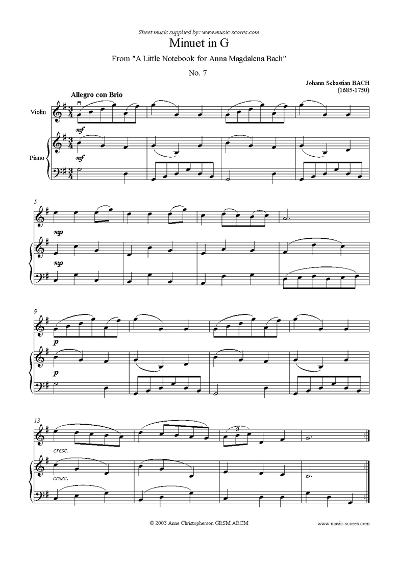 Front page of Anna Magdalena: No. 07: Minuet: Violin sheet music