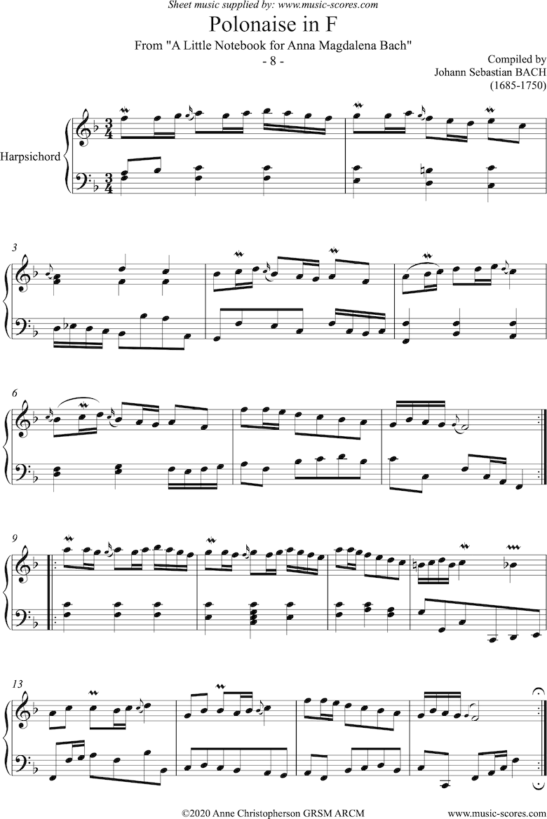 Front page of Anna Magdalena: No. 08: Polonaise in F: Harpsichord sheet music