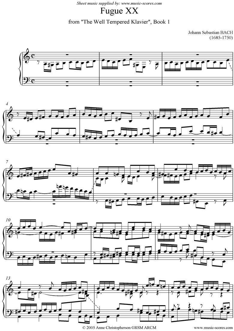 Front page of Well Tempered Clavier, Book 1: 20b: Fugue XX sheet music