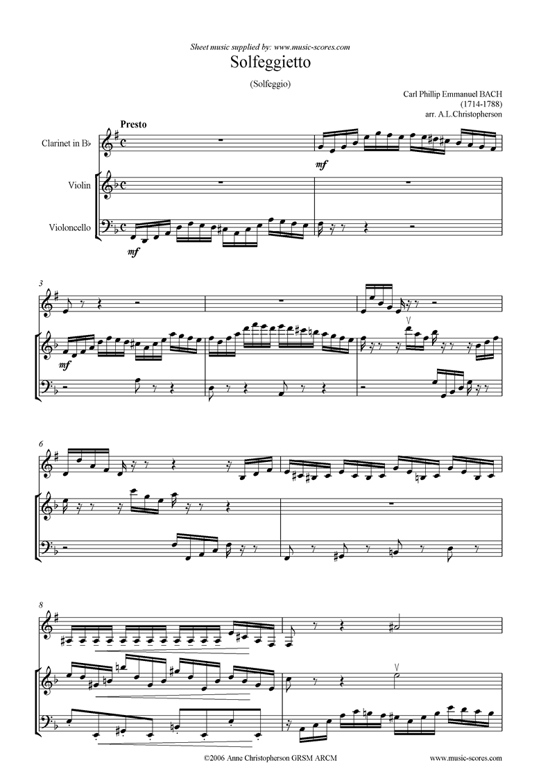 Front page of Solfeggietto: Clarinet, violin, cello sheet music