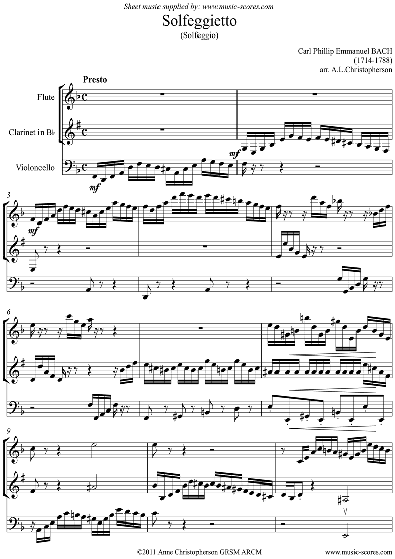Front page of Solfeggietto: Flute, Clarinet, cello sheet music