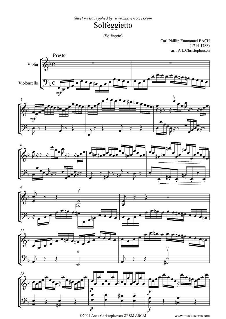 Front page of Solfeggietto: string duo sheet music
