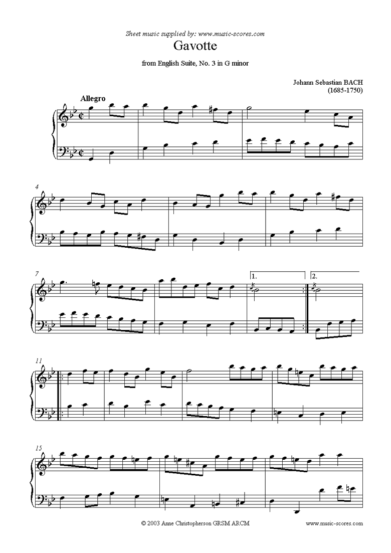 Front page of English Suite No. 3: Gavotte sheet music