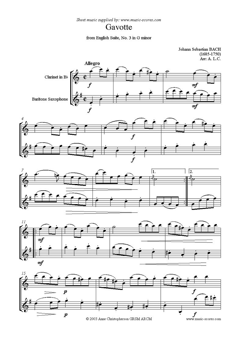 Front page of English Suite No. 3: Gavotte: Clarinet, Bari Sax sheet music