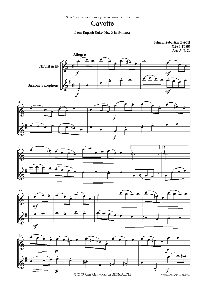English Suite No. 3: Gavotte: Clarinet, Bari Sax by Bach