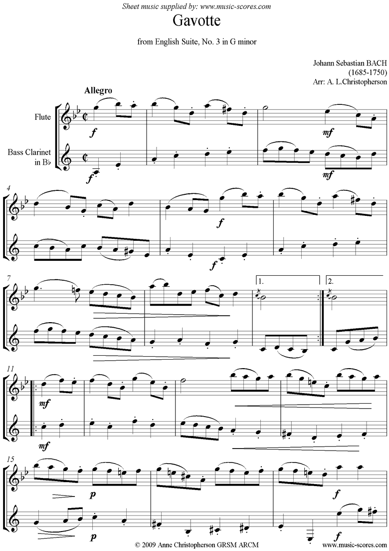 Front page of English Suite No.3: Gavotte: Flute, Bass Clarinet. sheet music