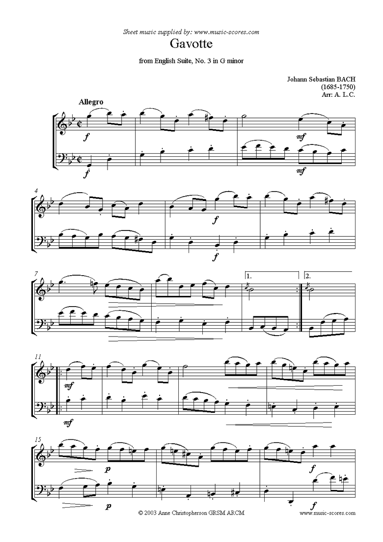 Front page of English Suite No. 3: Gavotte: Flute, Bassoon sheet music