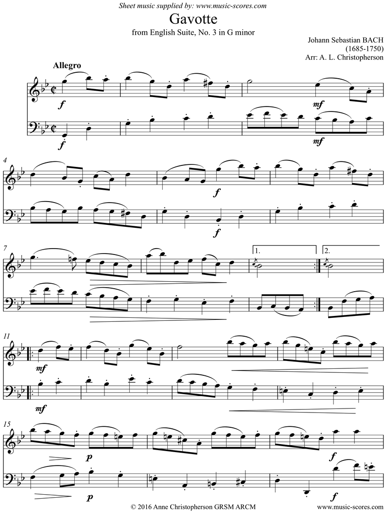 Front page of English Suite No. 3: Gavotte: Flute, Cello sheet music