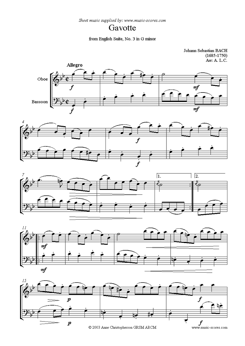 Front page of English Suite No. 3: Gavotte: Oboe, Bassoon sheet music