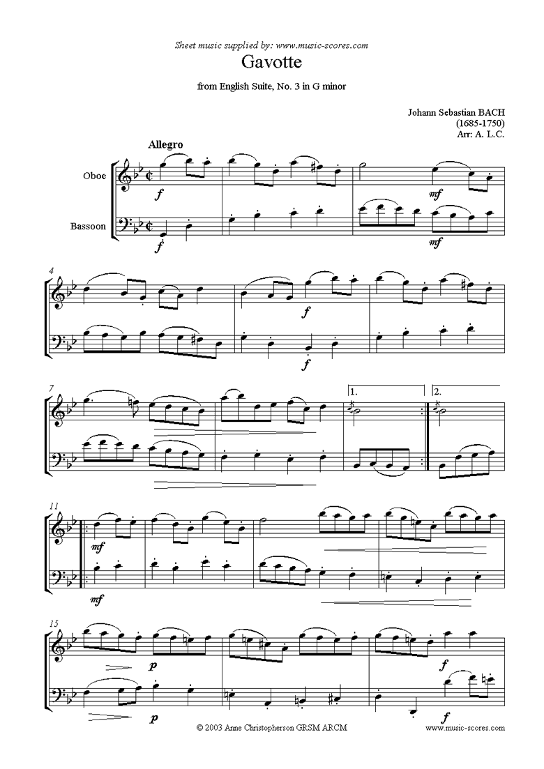English Suite No. 3: Gavotte: Oboe, Bassoon by Bach