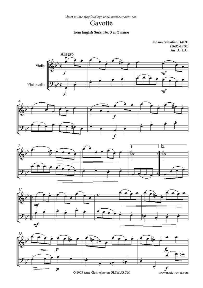 Front page of English Suite No. 3: Gavotte: Violin, Cello sheet music