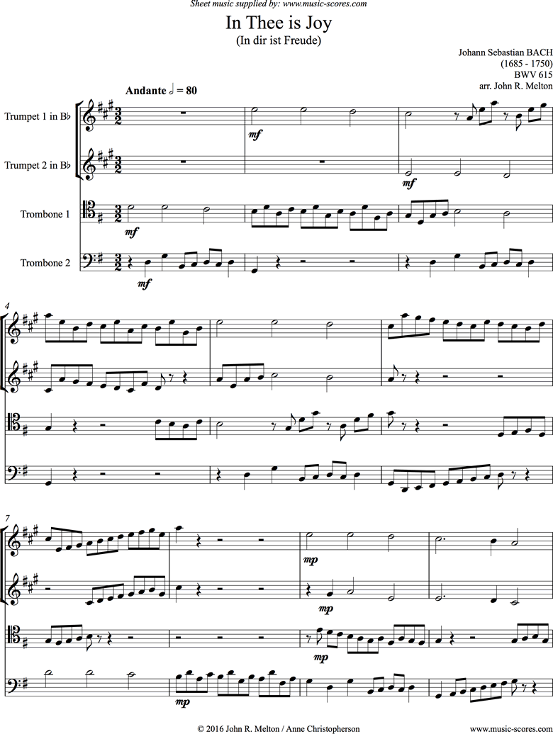 Front page of BWV 615: In Thee is Joy: Brass Quartet sheet music