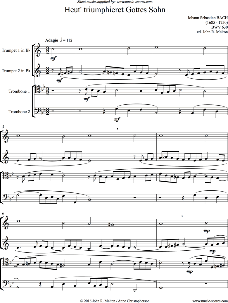 Front page of BWV 630: Heut triumphieret Gottes Sohn: Brass Quartet sheet music