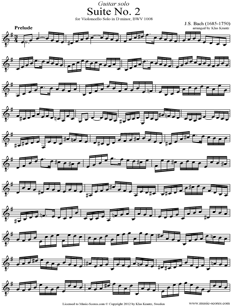Front page of bwv 1008 Cello Suite No.2: Guitar sheet music