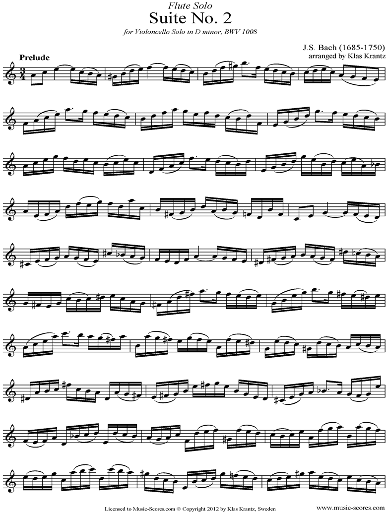 Front page of bwv 1008 Cello Suite No.2: Flute sheet music