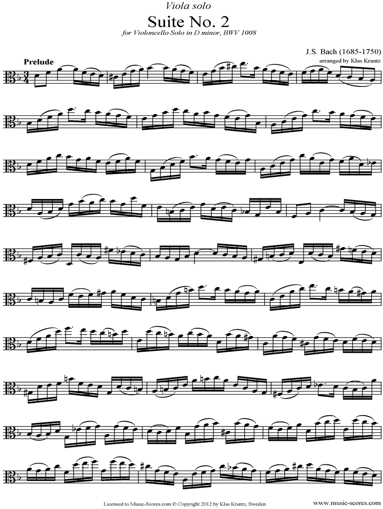 Front page of bwv 1008 Cello Suite No.2: Viola sheet music