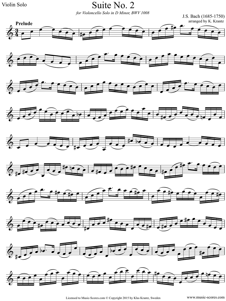 Front page of bwv 1008 Cello Suite No.2: Violin sheet music