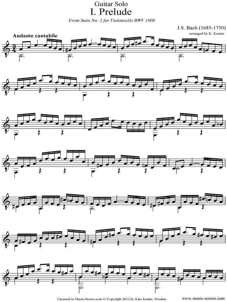 Front page of bwv 1008 Cello Suite No.2: 1st mvt: Prelude: Guitar sheet music