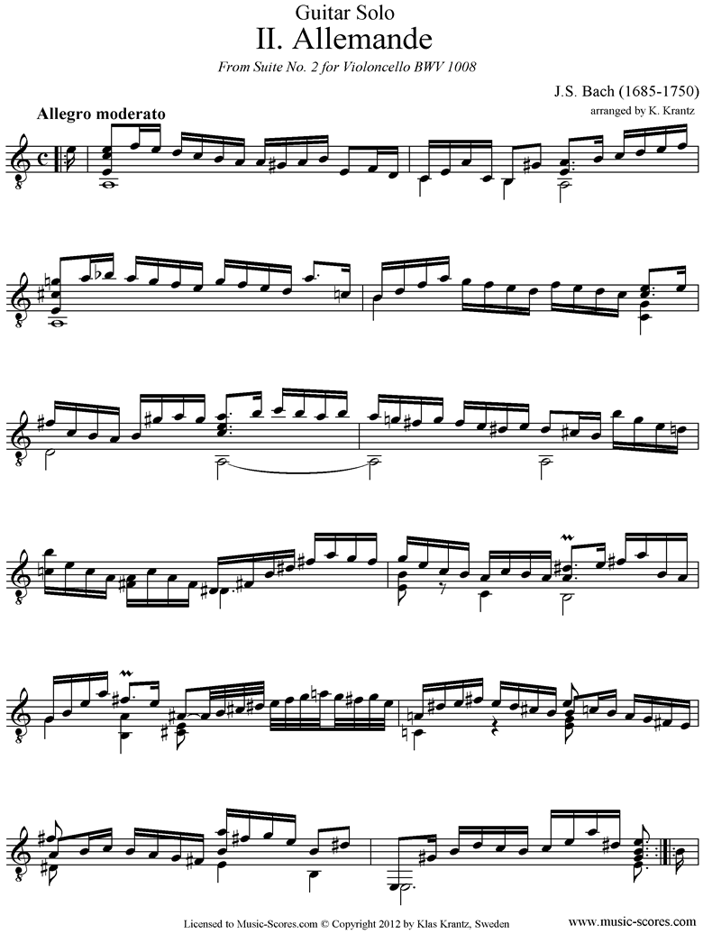 Front page of bwv 1008 Cello Suite No.2: 2nd mvt: Allemande: Guitar sheet music