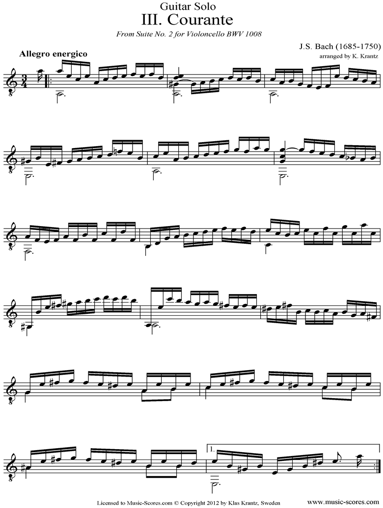 Front page of bwv 1008 Cello Suite No.2: 3rd mvt: Courante: Guitar sheet music