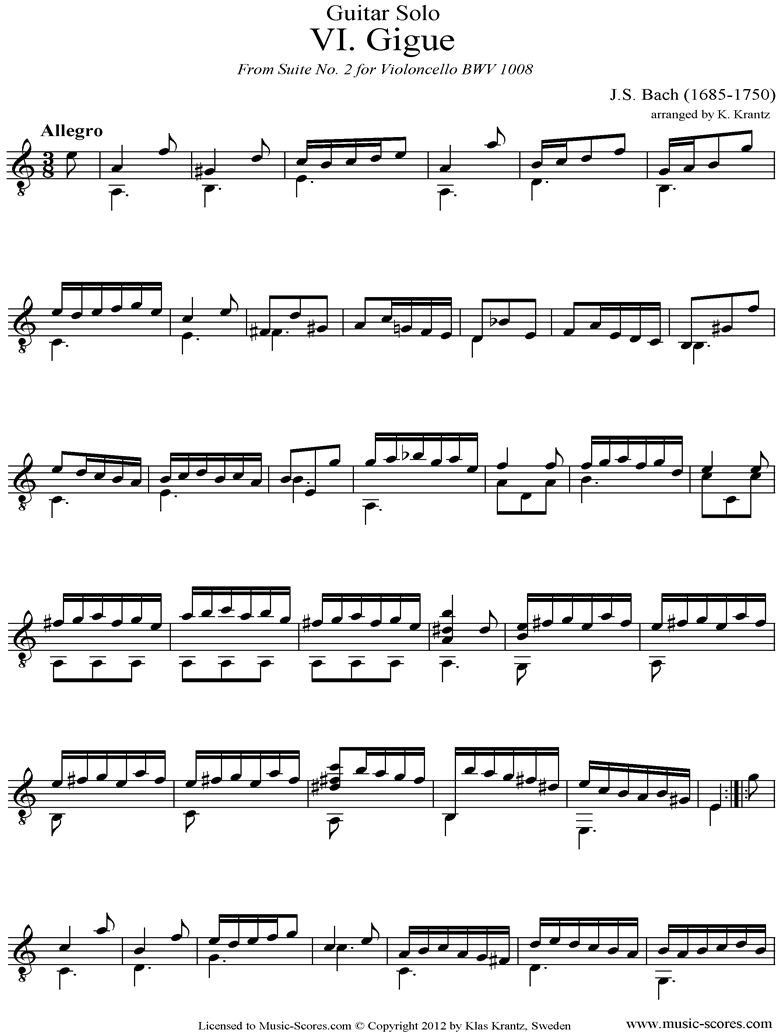 Front page of bwv 1008 Cello Suite No.2: 6th  mvt: Gigue: Guitar sheet music