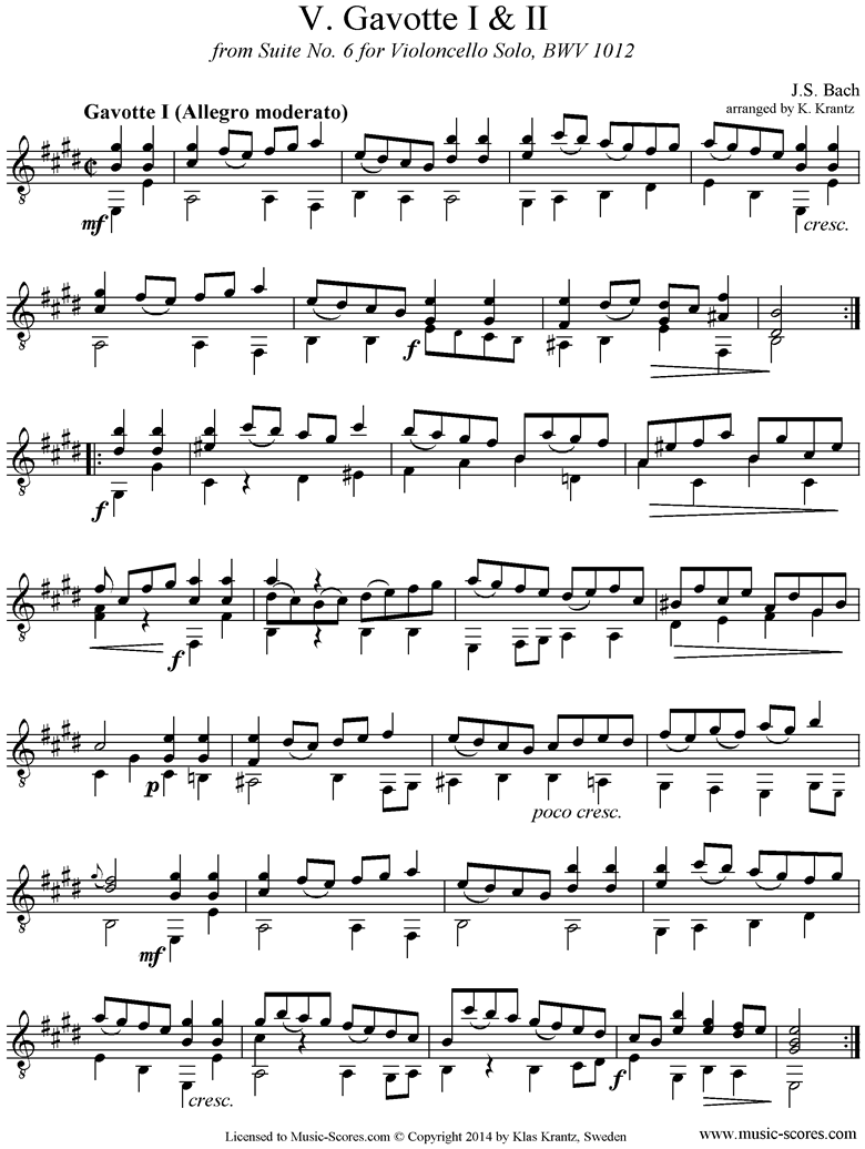 Front page of bwv 1012 Cello Suite No.6: 5th, 6th  mvts: Gavottes: Guitar sheet music
