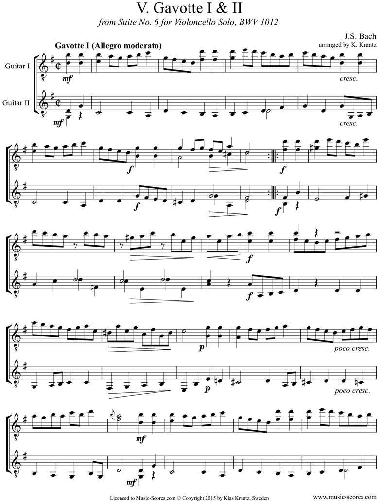 Front page of bwv 1012 Cello Suite No.6: 5th, 6th  mvts: Gavottes: 2 Guitars sheet music
