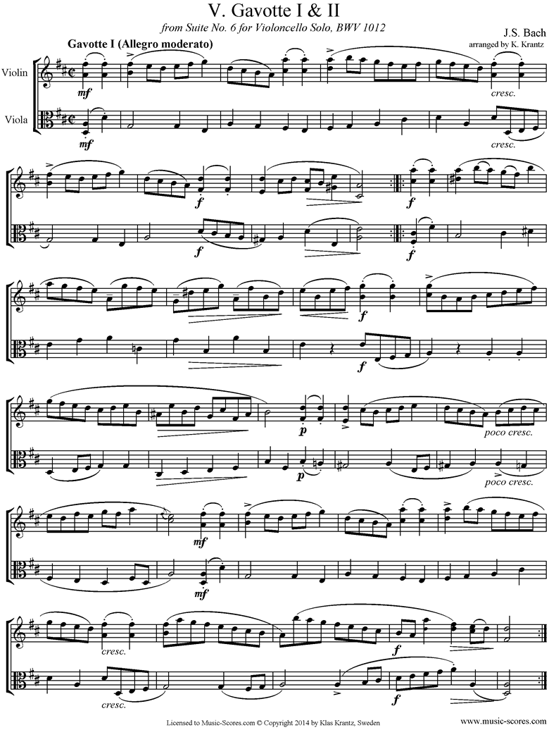 Front page of bwv 1012 Cello Suite No.6: 5th, 6th  mvts: Gavottes: Violin, Viola sheet music