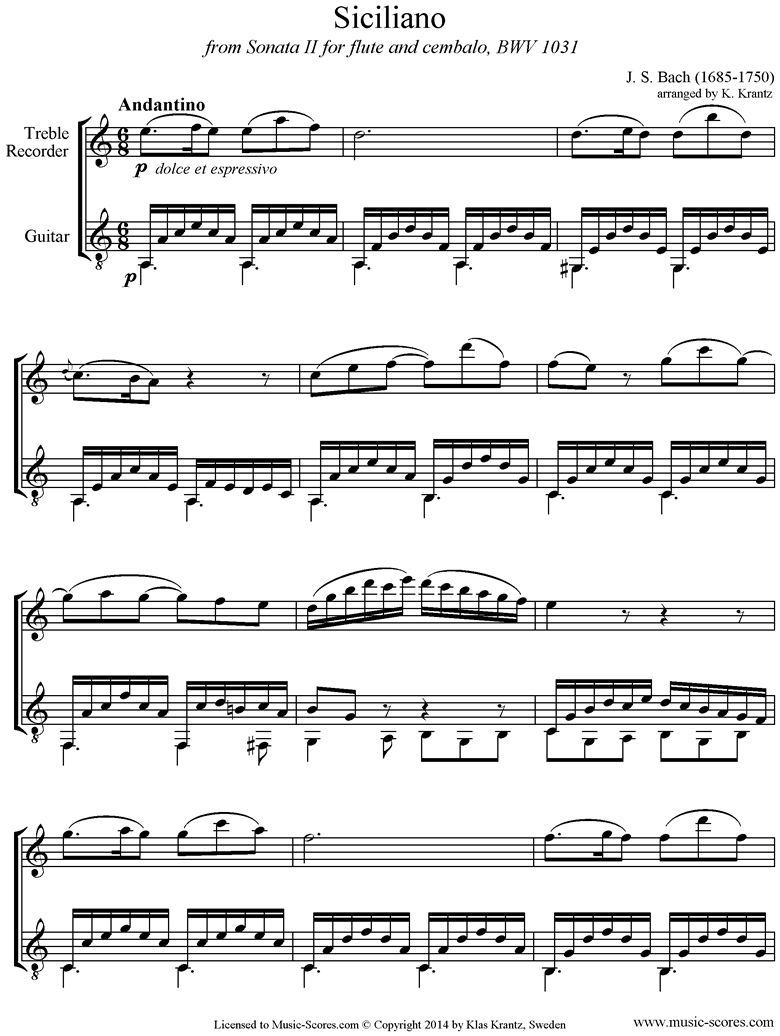 Front page of BWV 1031: Sonata No.2: Siciliano: Recorder, Guitar. A mi sheet music
