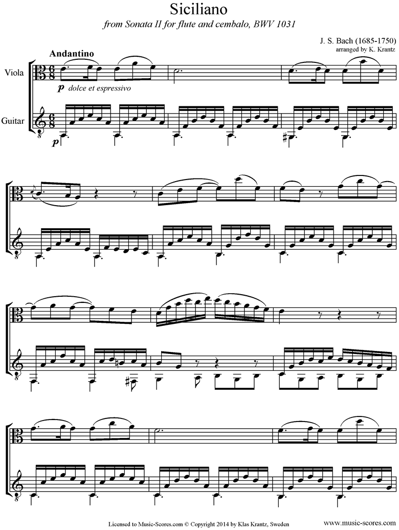 Front page of BWV 1031: Sonata No.2: Siciliano: Viola, Guitar. A mi sheet music