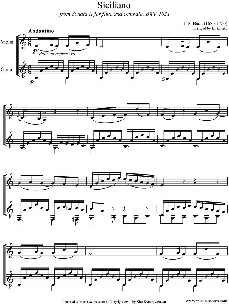 Front page of BWV 1031: Sonata No.2: Siciliano: Violin, Guitar. A mi sheet music