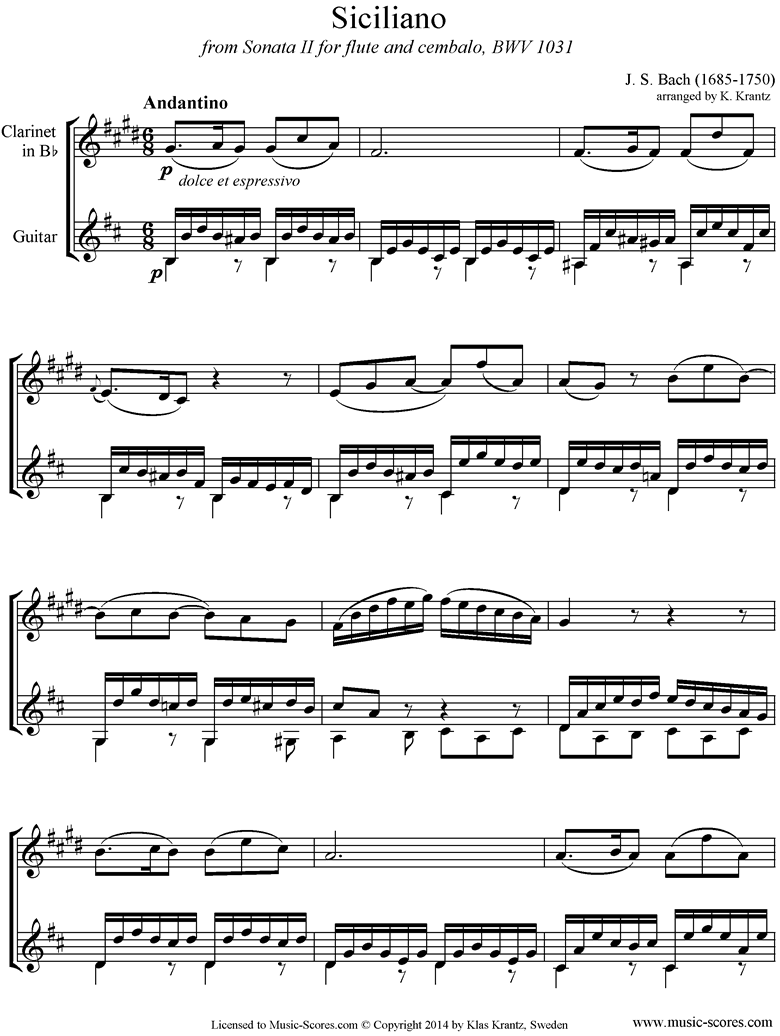 Front page of BWV 1031: Sonata No.2: Siciliano: Clarinet, Guitar. B mi sheet music