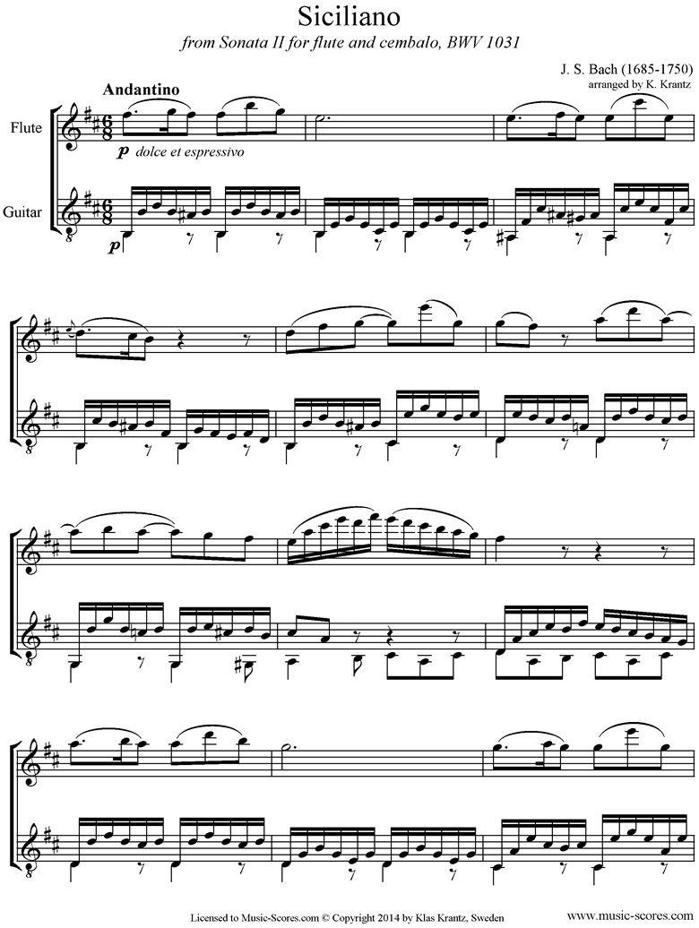 Front page of BWV 1031: Sonata No.2: Siciliano: Flute, Guitar bmi sheet music