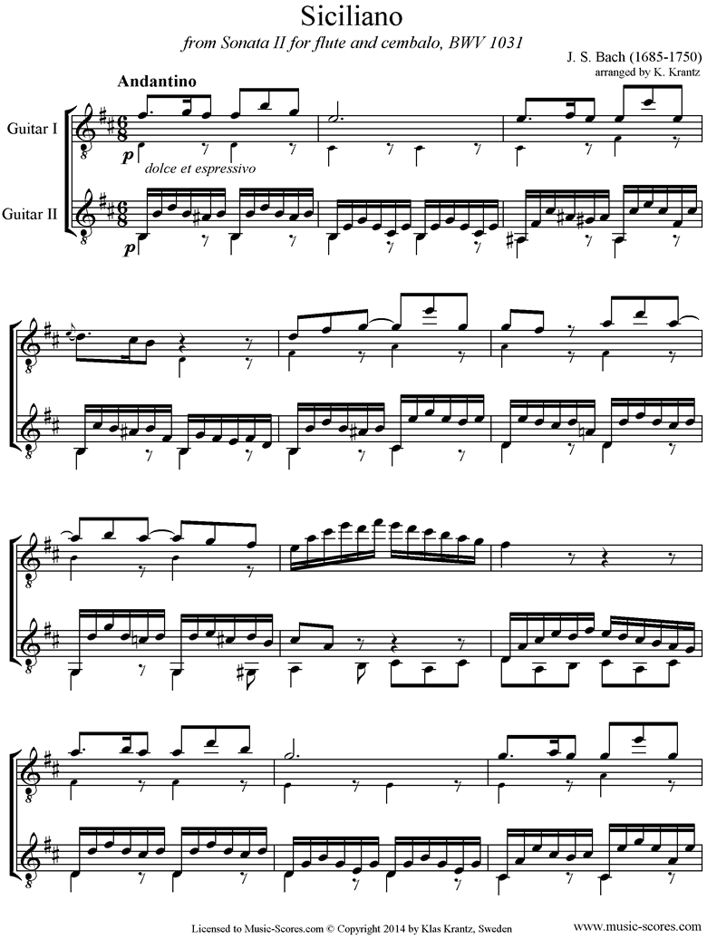 Front page of BWV 1031: Sonata No.2: Siciliano: 2 Guitars. B mi sheet music