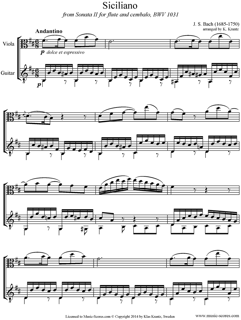 Front page of BWV 1031: Sonata No.2: Siciliano: Viola, Guitar. B mi sheet music